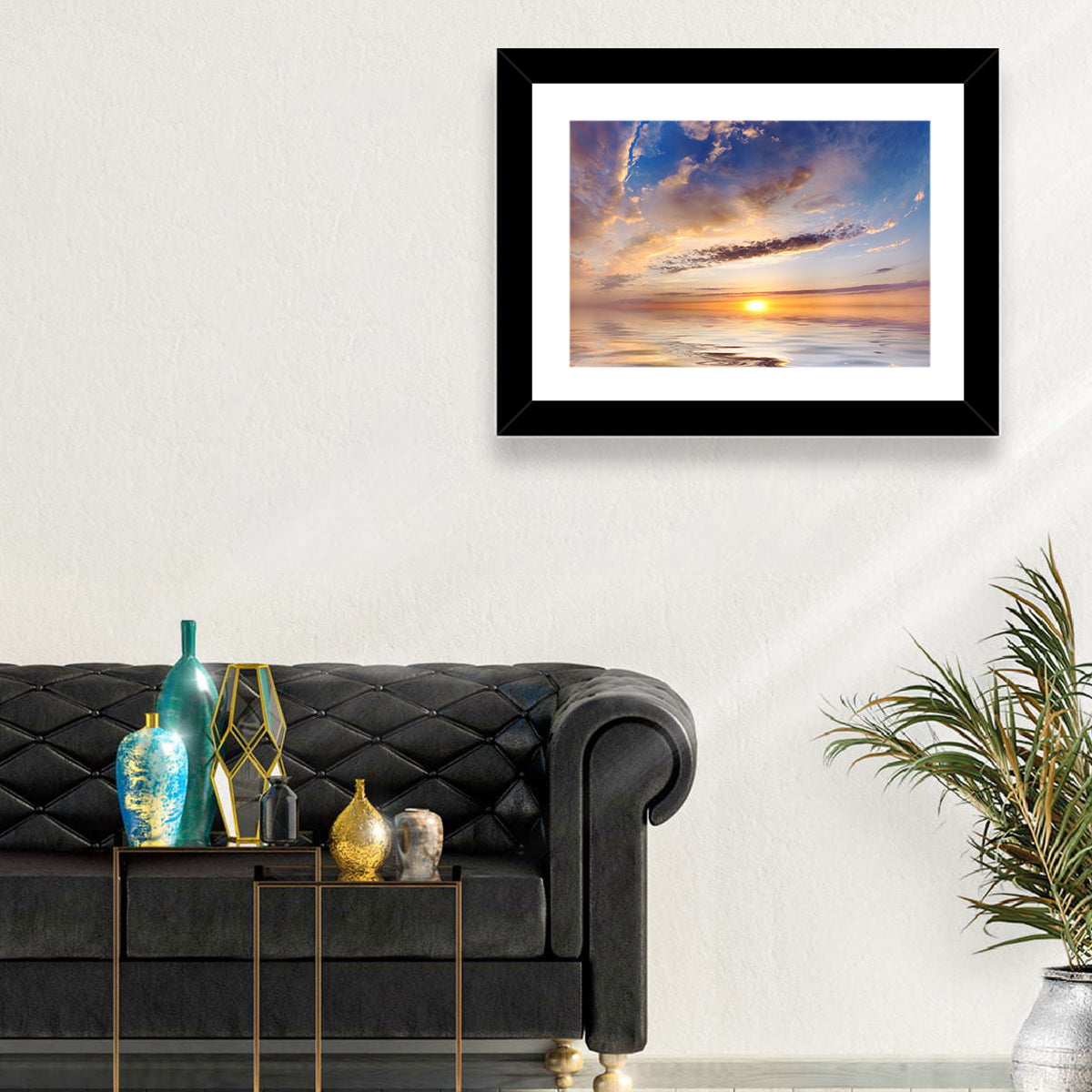Sunlit Clouds Over Calm Sea Wall Art in a room, landscape