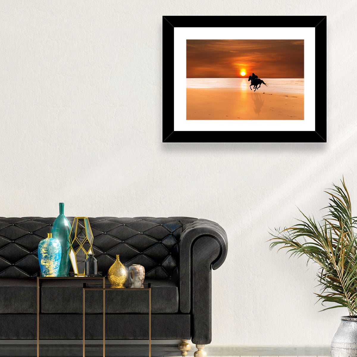 Horse and Rider at Sunset Wall Art in a room, landscape