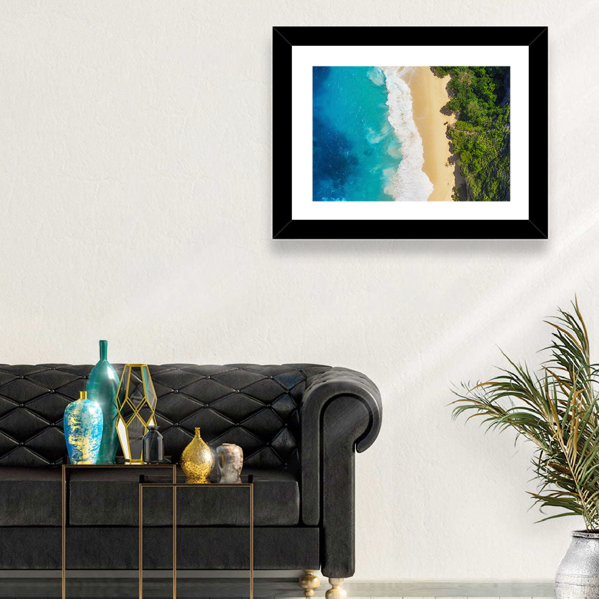 Aerial Turquoise Beach View Wall Art in a room, landscape