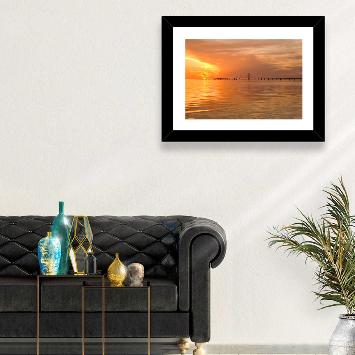 Øresund Bridge in Golden Light Wall Art in a room, landscape
