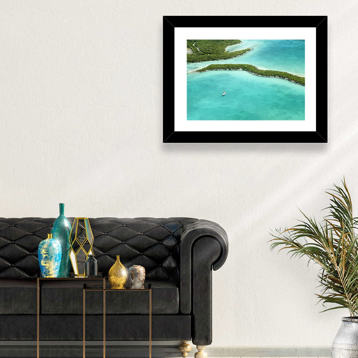Turquoise Bahamas Islands Wall Art in a room, landscape