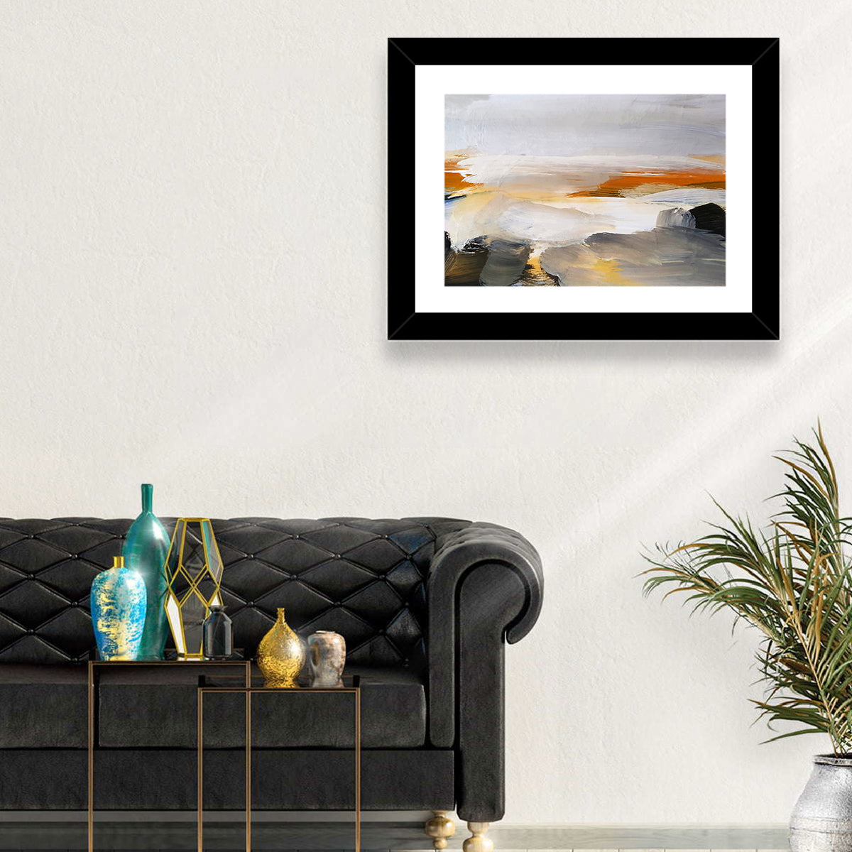 Misty Coastal Horizon Wall Art in a room, landscape