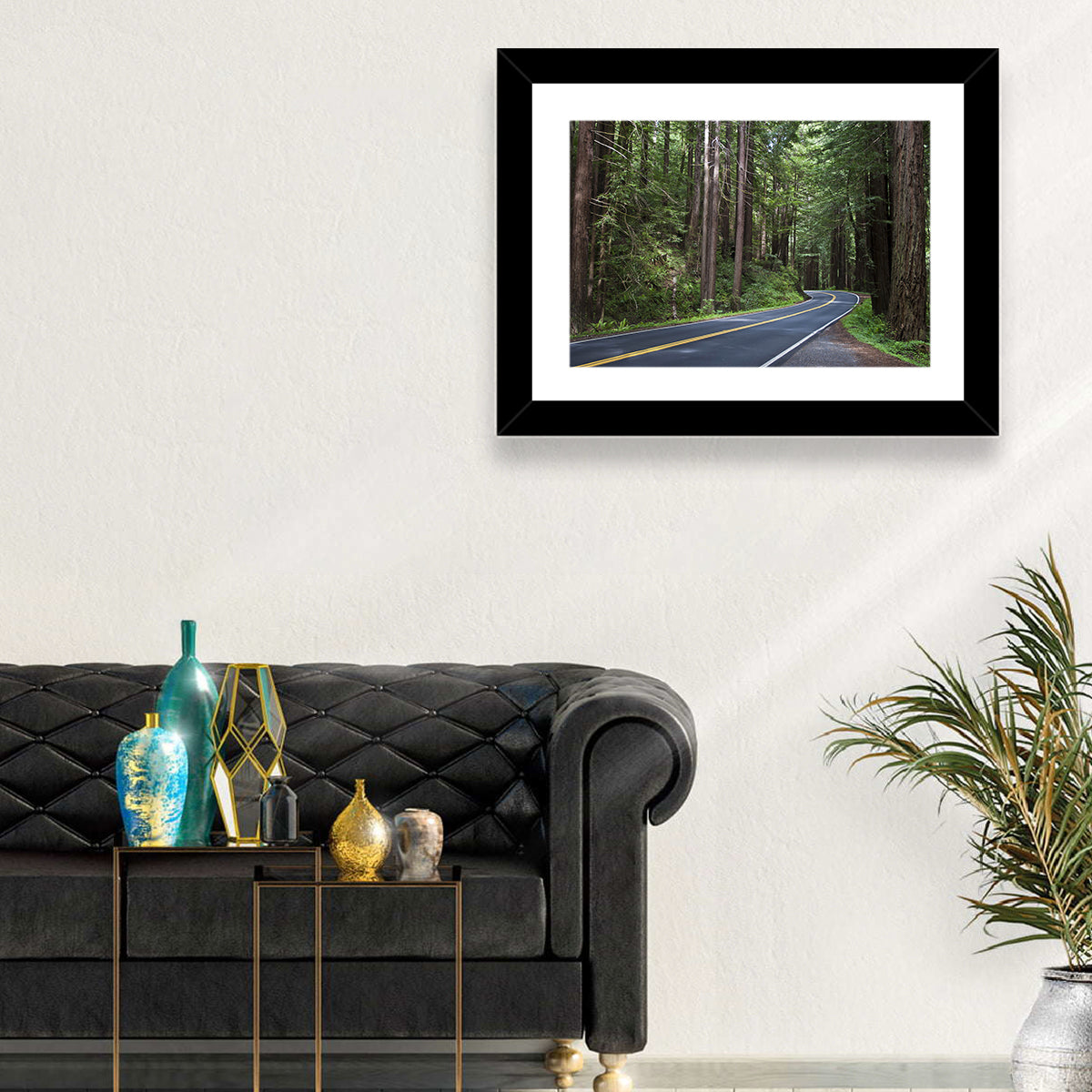 Winding Redwood Forest Road Wall Art in a room, landscape