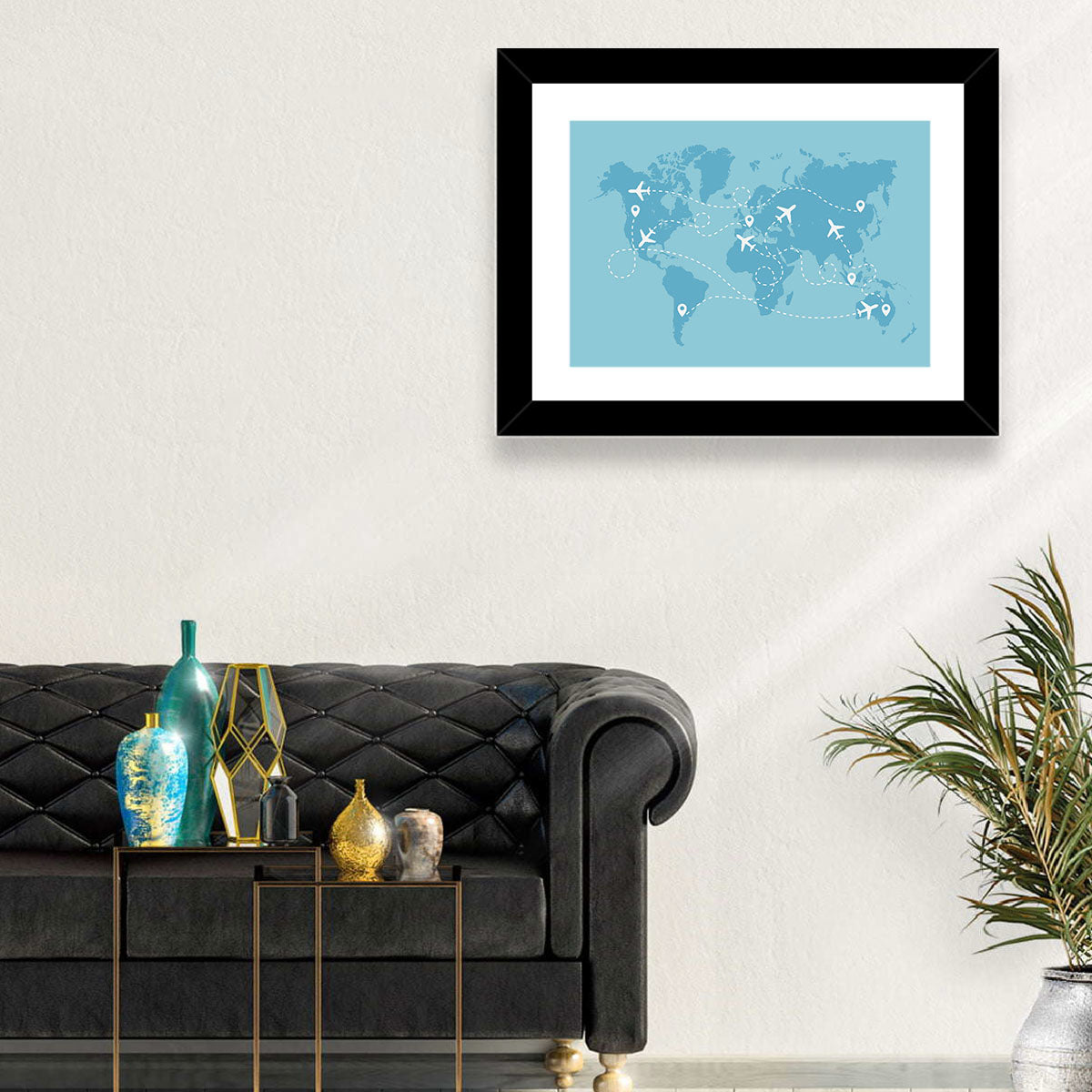 World Flight Routes Map Wall Art in a room, landscape