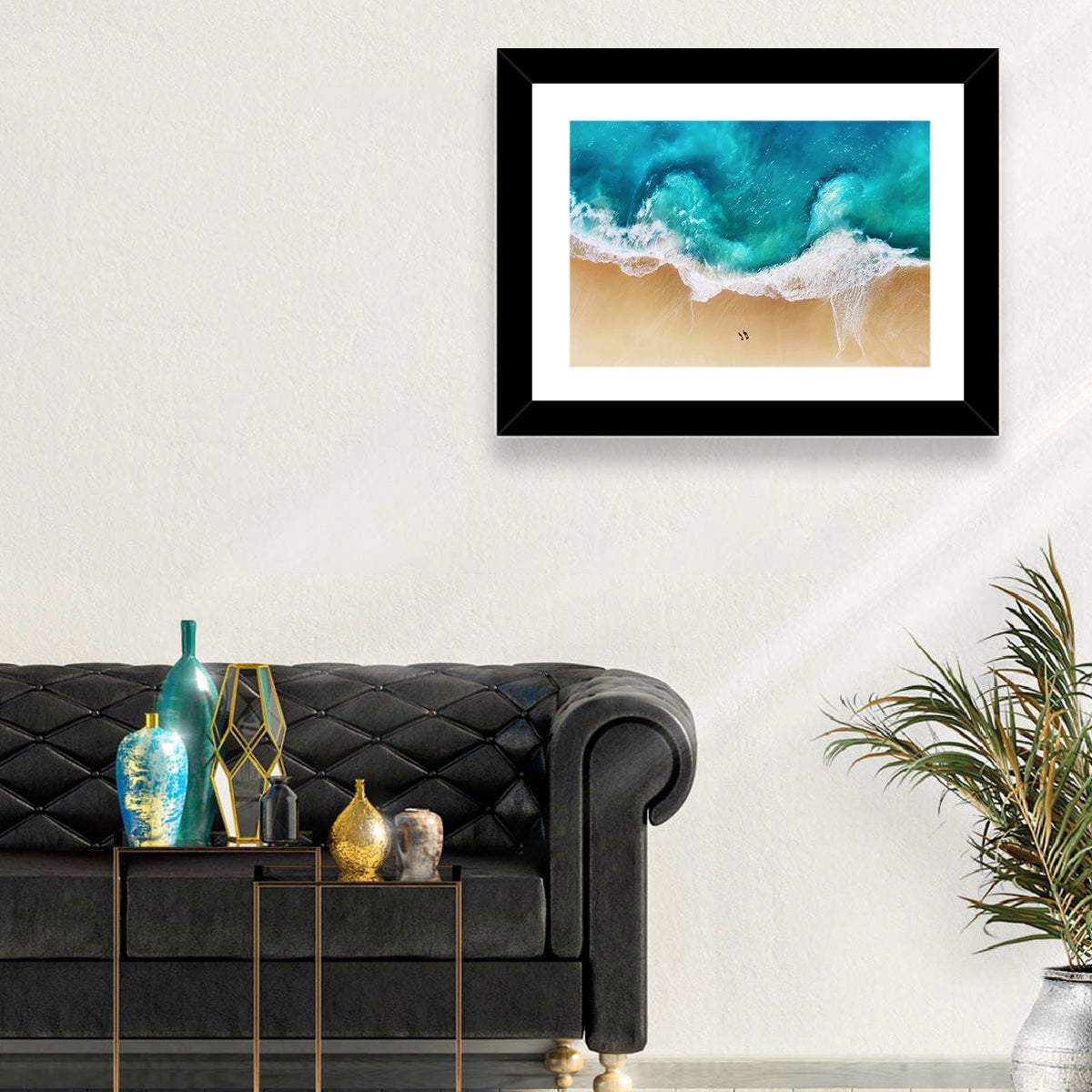 Turquoise Beach Aerial Wall Art in a room, landscape