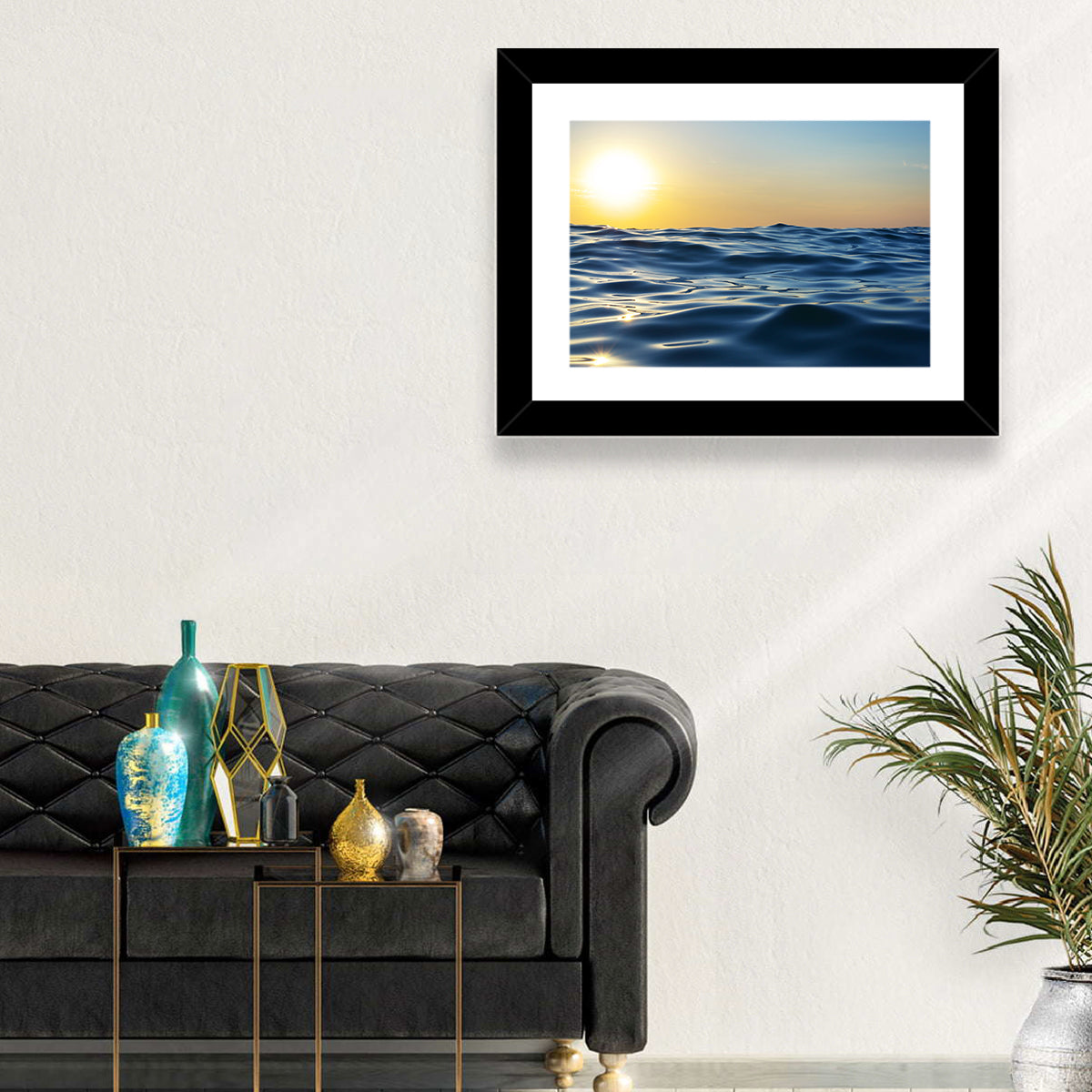 Sunset Over Calm Waves Wall Art in a room, landscape