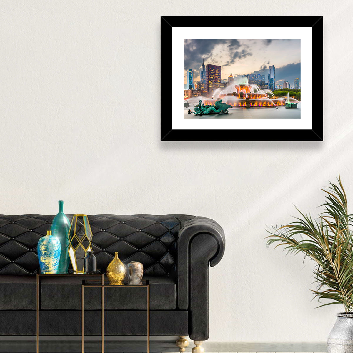 Buckingham Fountain and Chicago Skyline Wall Art in a room, landscape