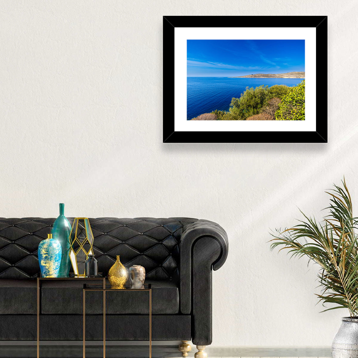 Sunlit Albanian Coastline Wall Art in a room, landscape
