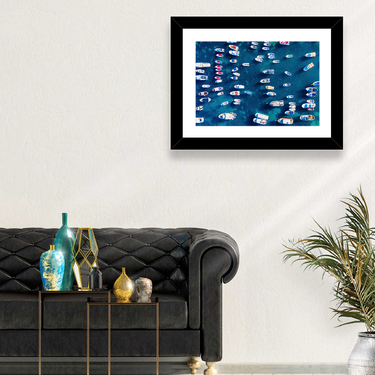 Aerial Boats Over Turquoise Sea Wall Art in a room, landscape