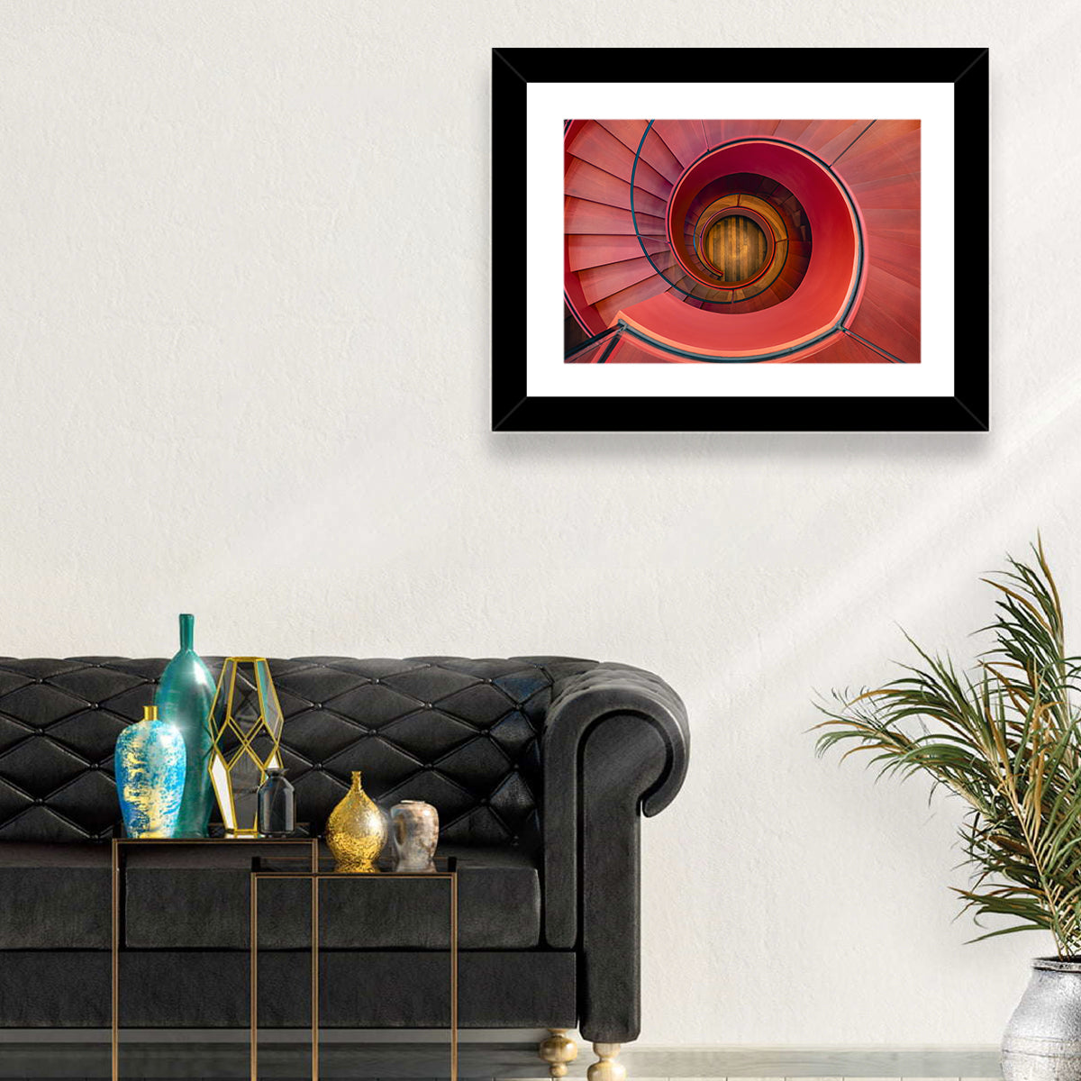 Red Spiral Staircase Wall Art in a room, landscape