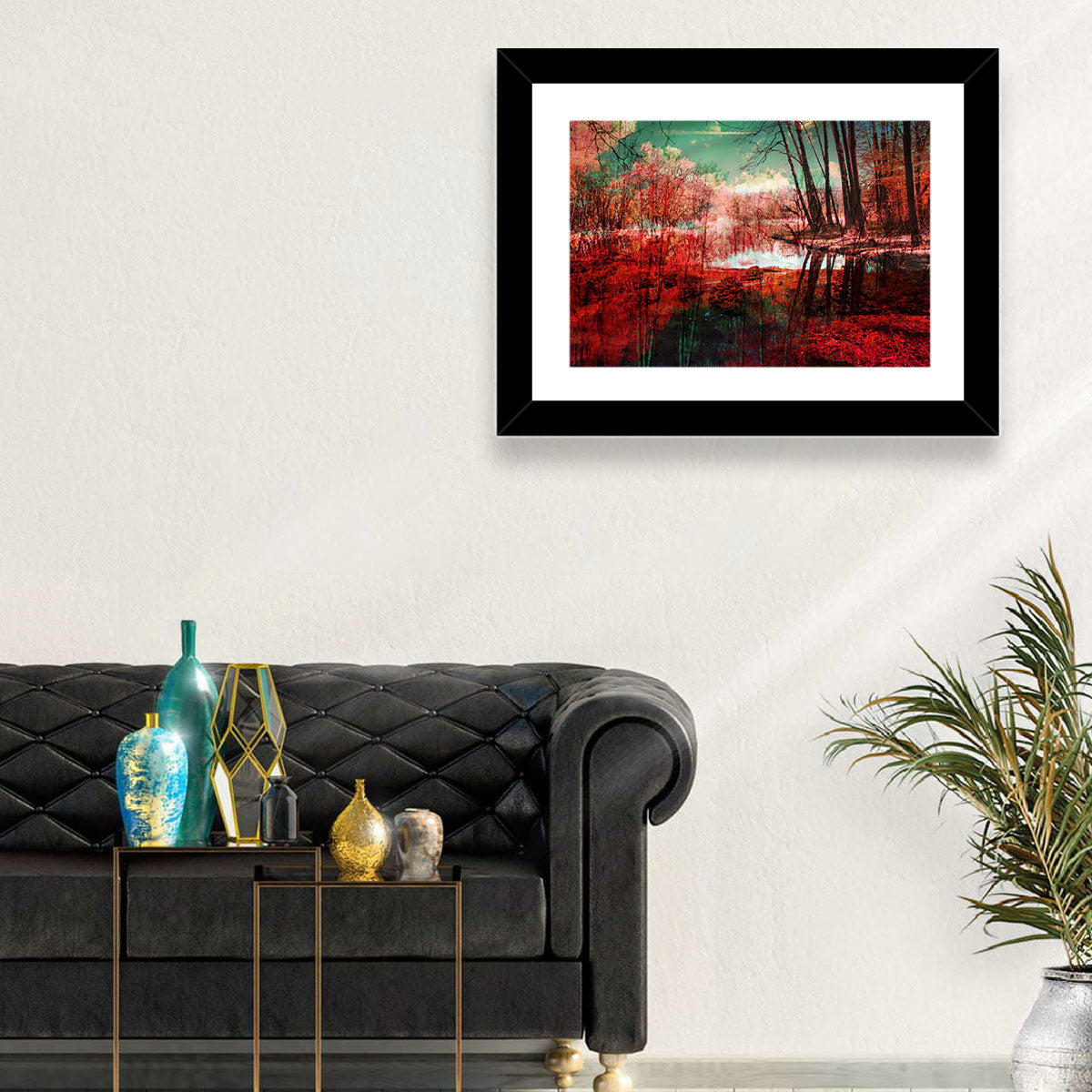 Red Forest Reflection Wall Art in a room, landscape