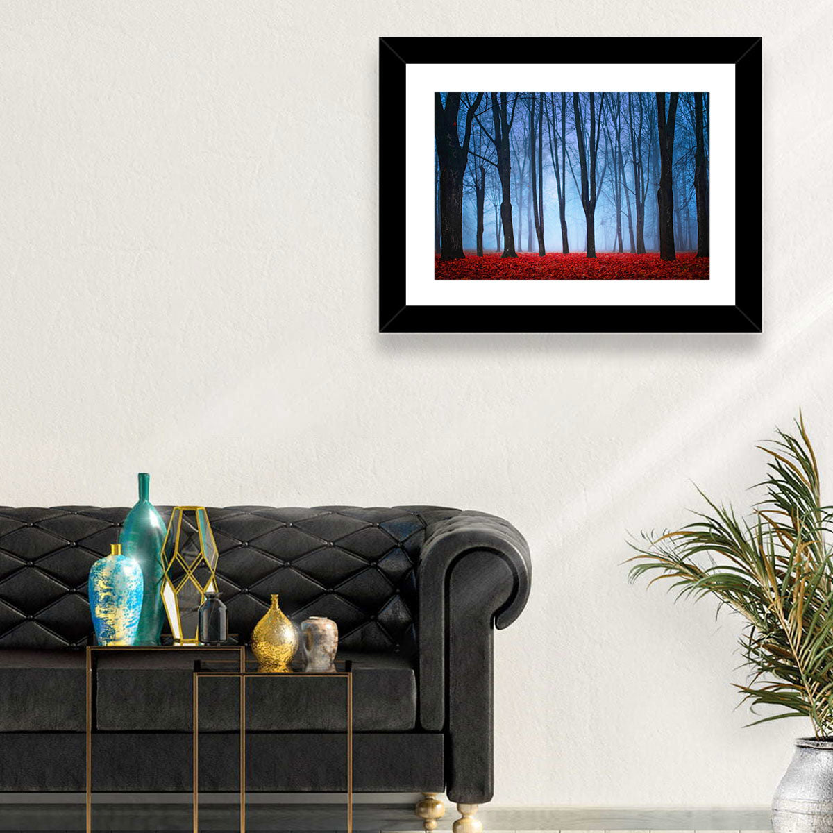 Mystical Autumn Forest Wall Art in a room, landscape