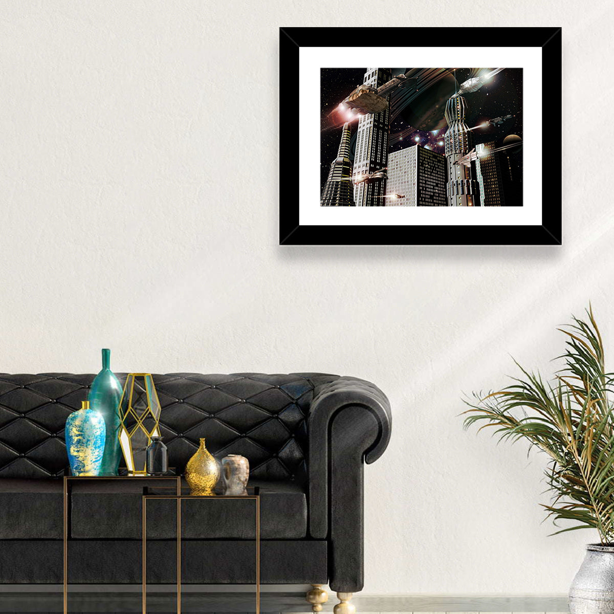 Ringed Planet Cityscape Wall Art in a room, landscape