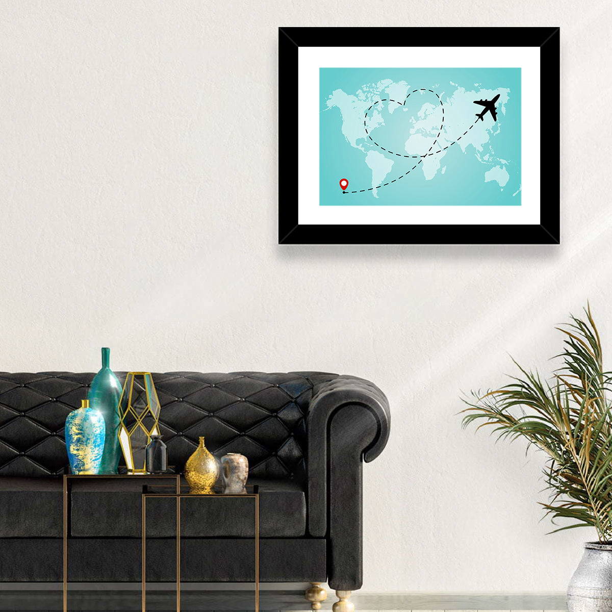 Heart Flight Map Wall Art in a room, landscape