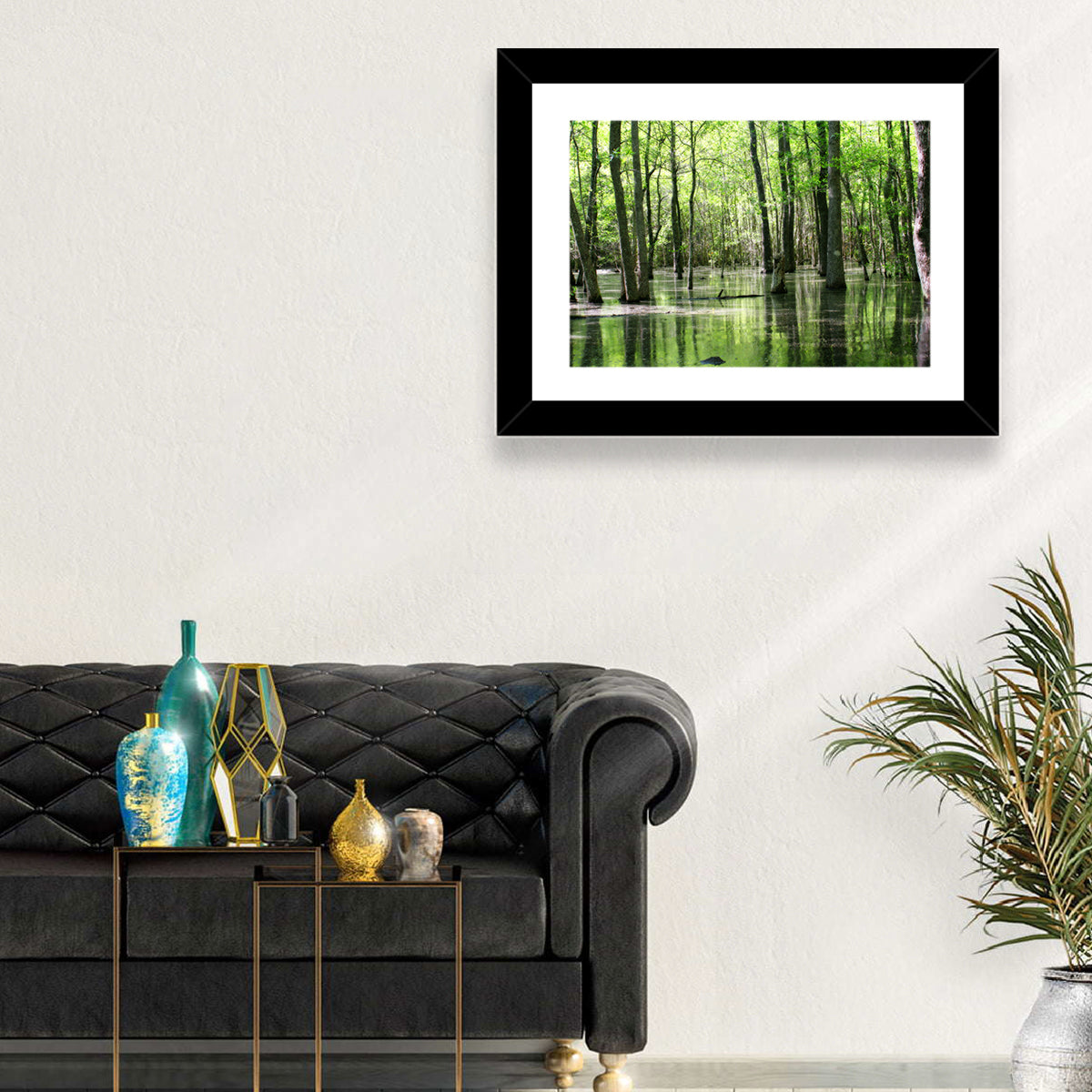 Sunlit Swamp Forest Wall Art in a room, landscape