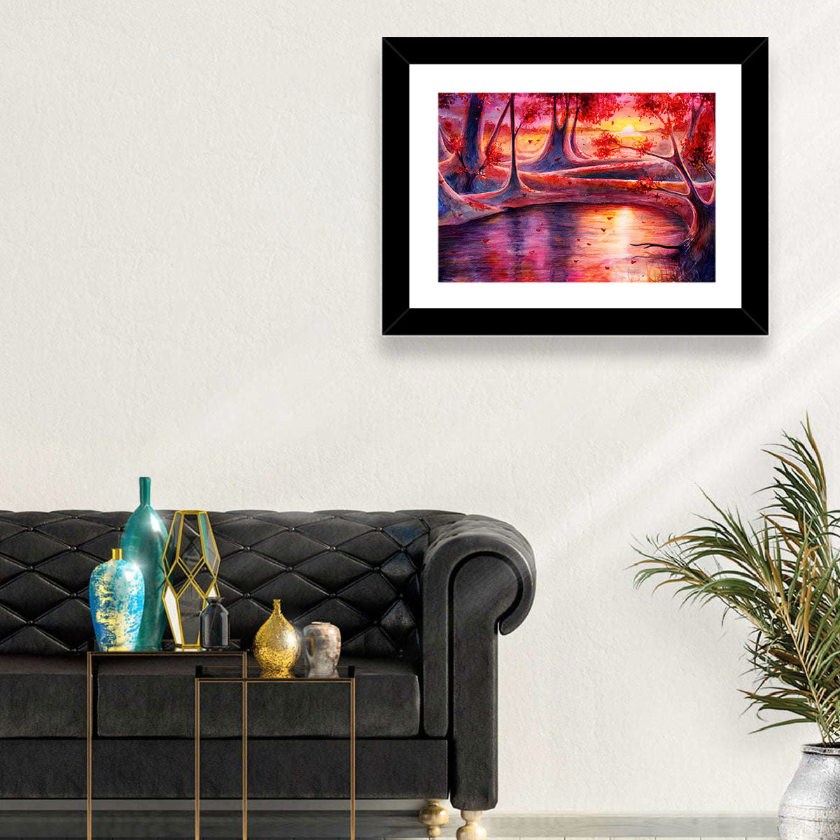 Autumn Forest Lake at Dusk Wall Art in a room, landscape