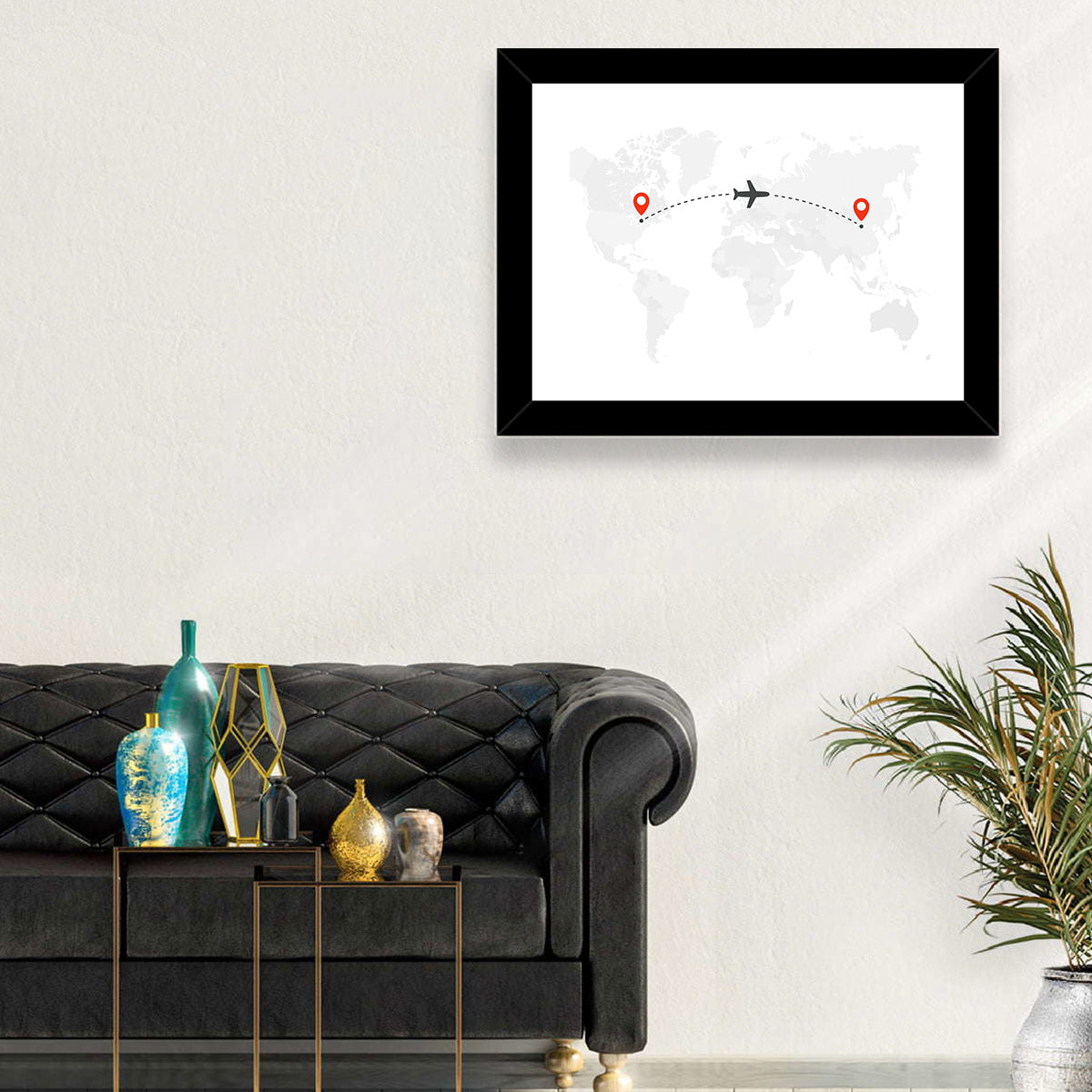 Air Travel World Map Wall Art in a room, landscape