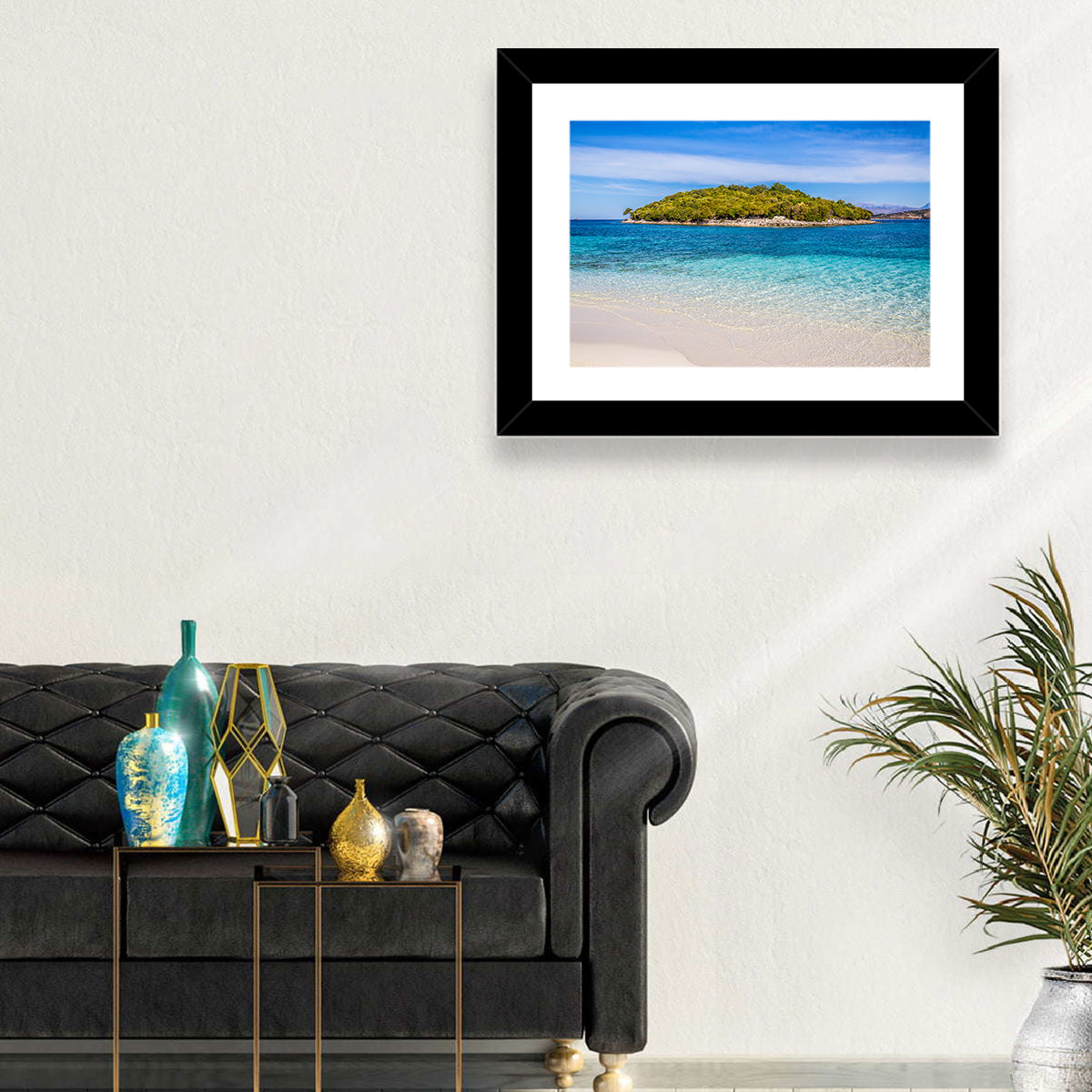 Butrint Turquoise Island Beach Wall Art in a room, landscape
