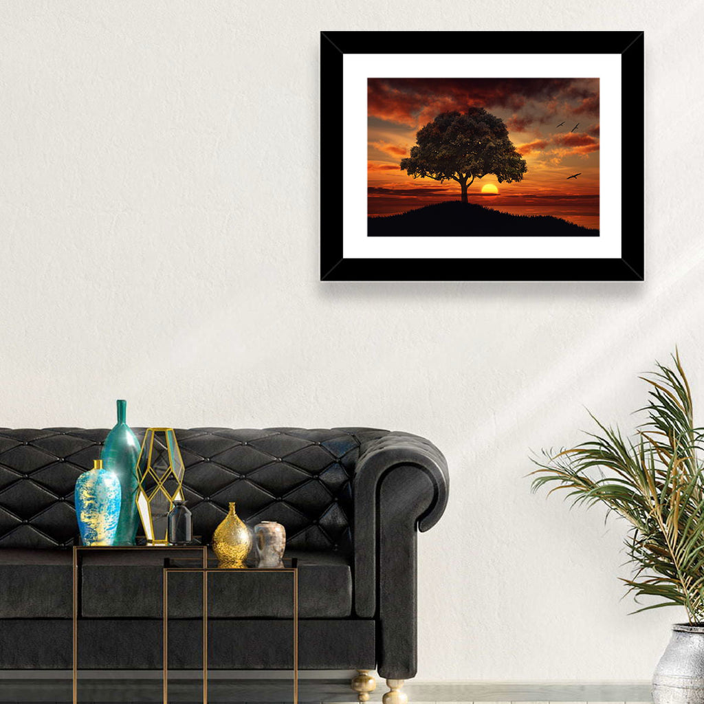 Lone Tree at Sunset with Birds Wall Art