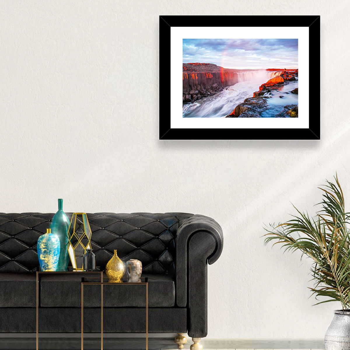 Golden Hour Selfoss Falls Rainbow Wall Art in a room, landscape