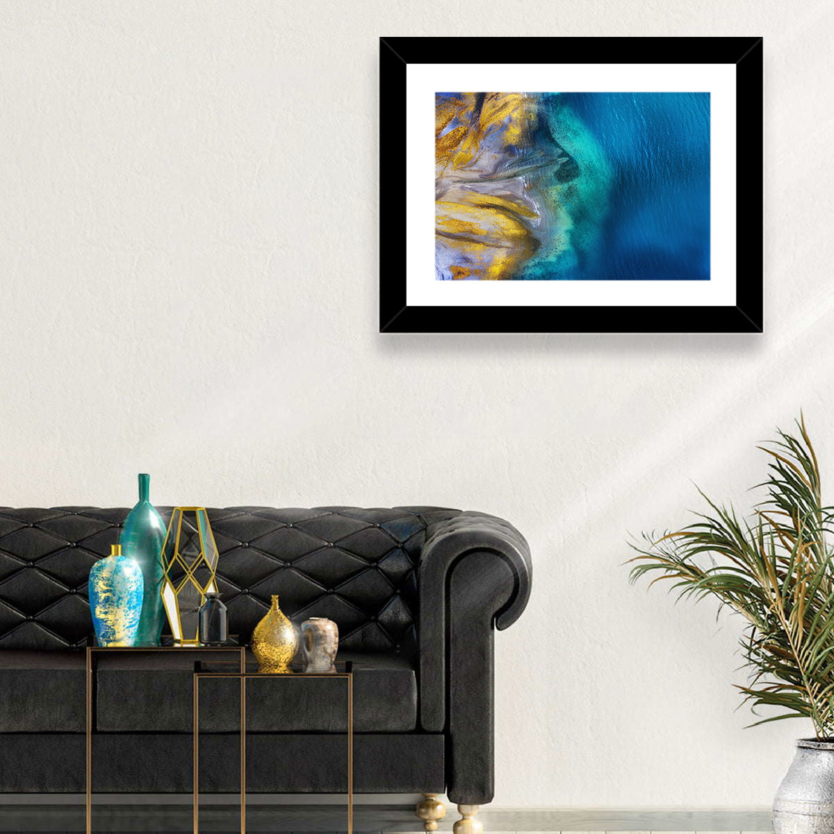Golden Coast Abstract Wall Art in a room, landscape