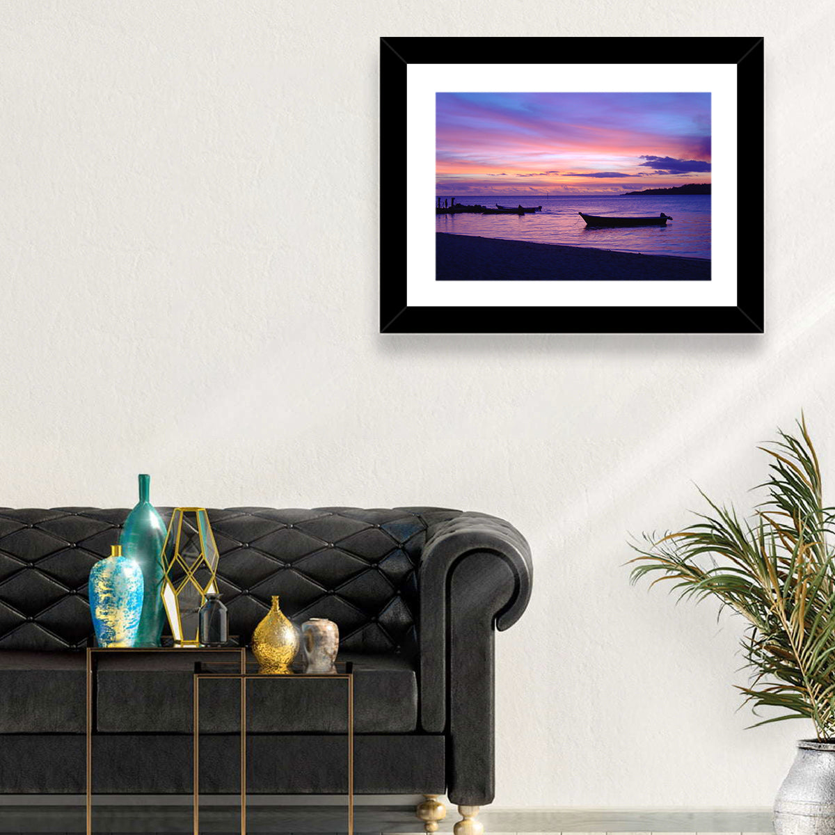 Malolo Island Sunset with Moored Boats Wall Art in a room, landscape