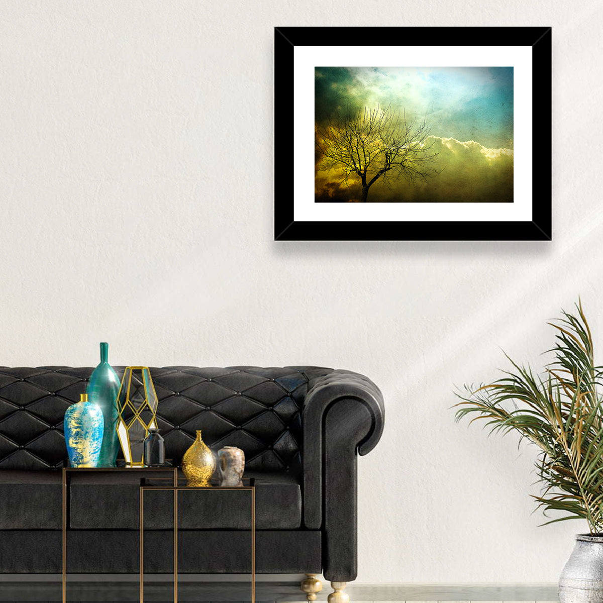 Moody Winter Tree Landscape Wall Art in a room, landscape