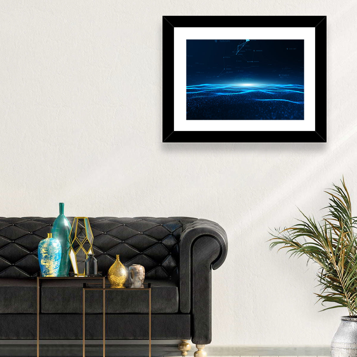 Digital Data Waves Wall Art in a room, landscape