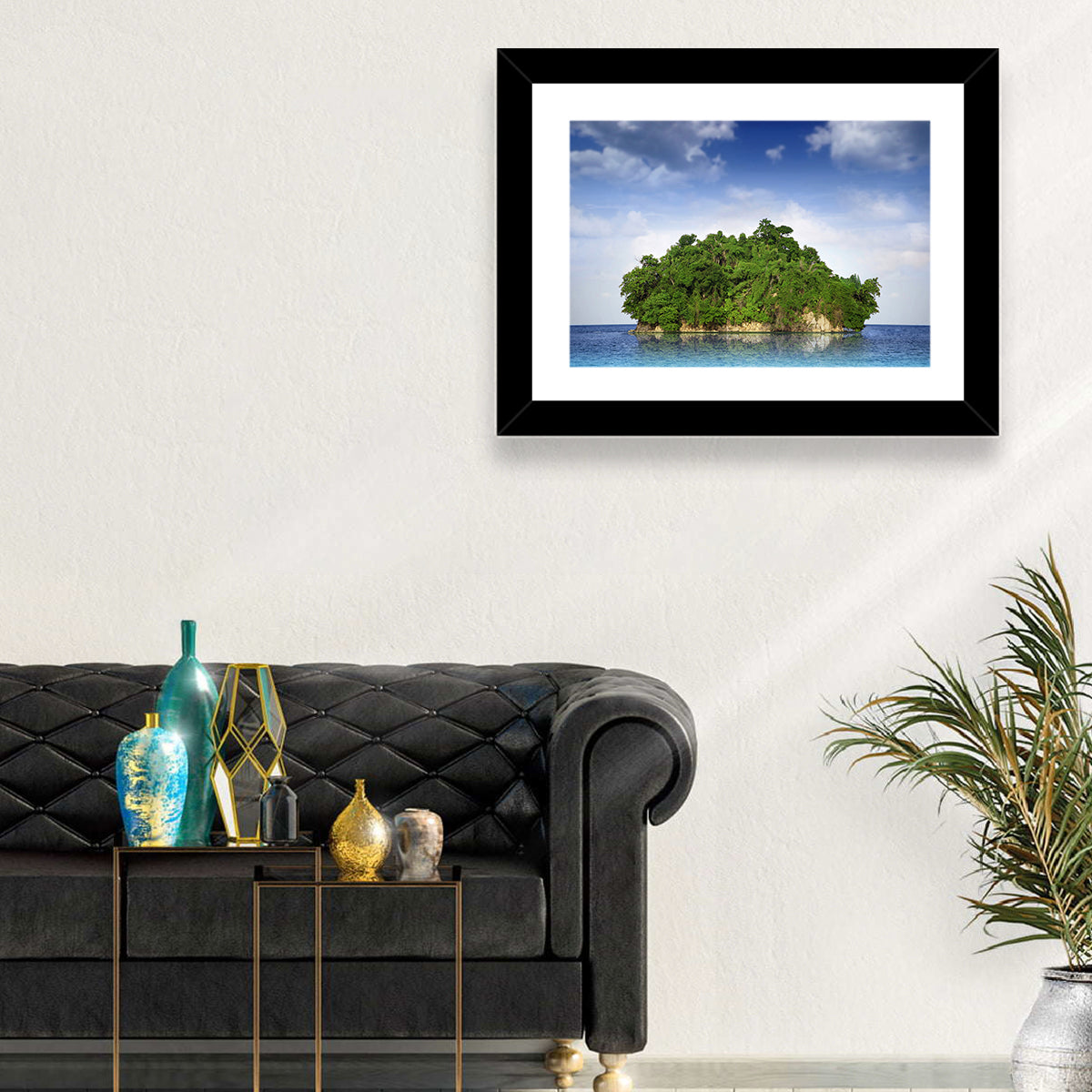 Tranquil Tropical Island Reflection Wall Art in a room, landscape