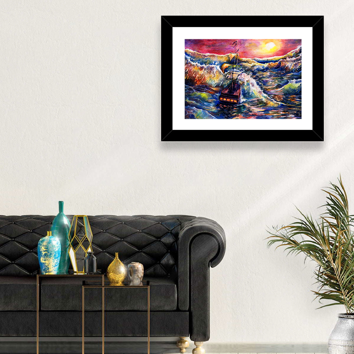 Stormy Sunset Sailing Ship Wall Art in a room, landscape