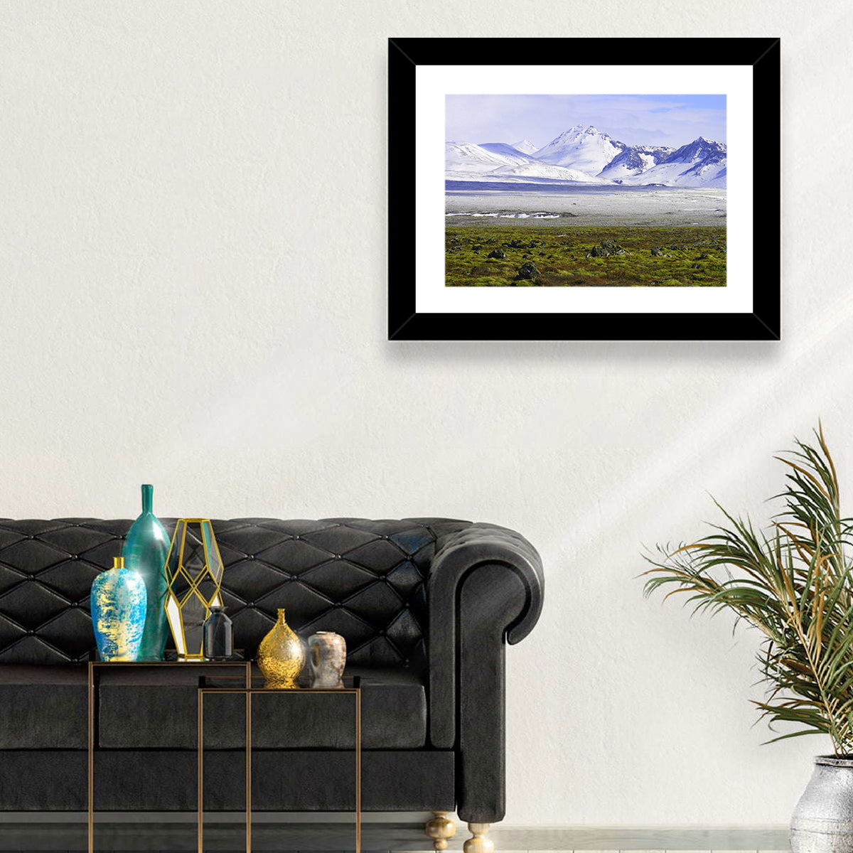 Icelandic Snow and Moss Landscape Wall Art in a room, landscape