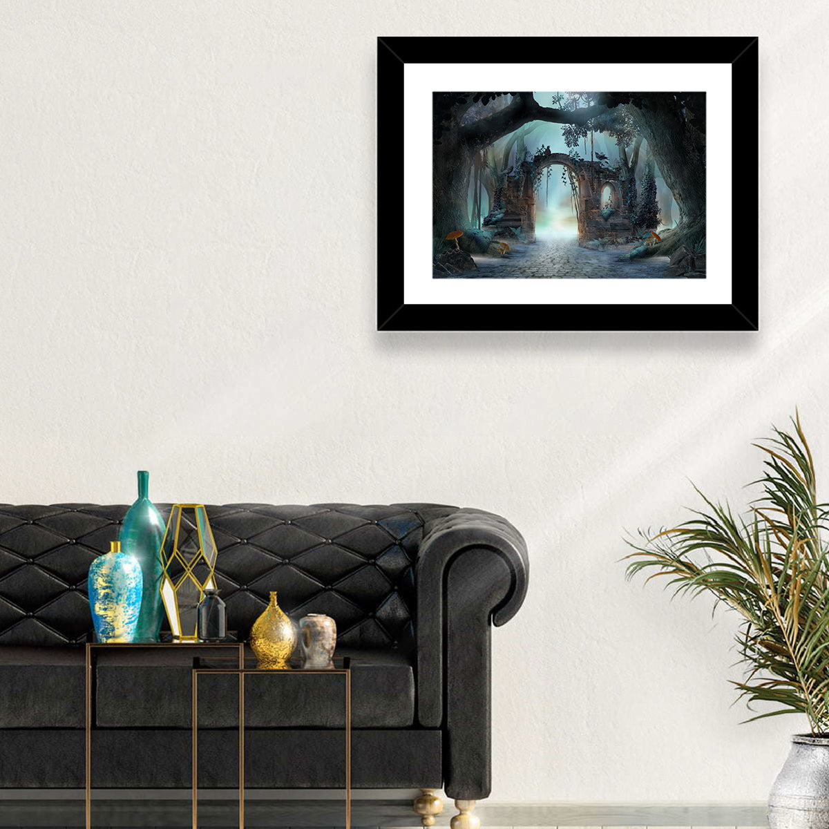 Enchanted Foggy Forest Wall Art in a room, landscape