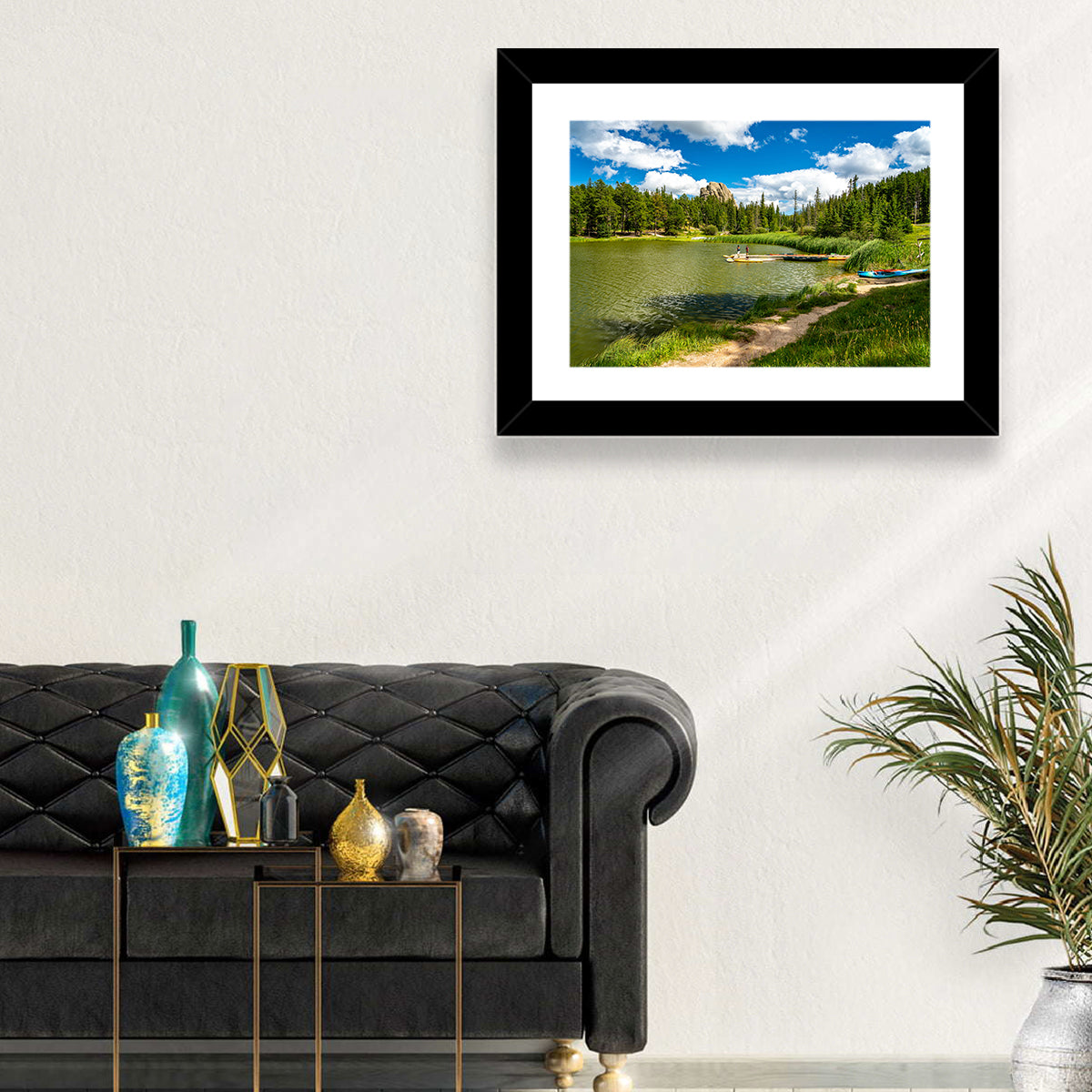 Sylvan Lake Dockside Scene Wall Art in a room, landscape