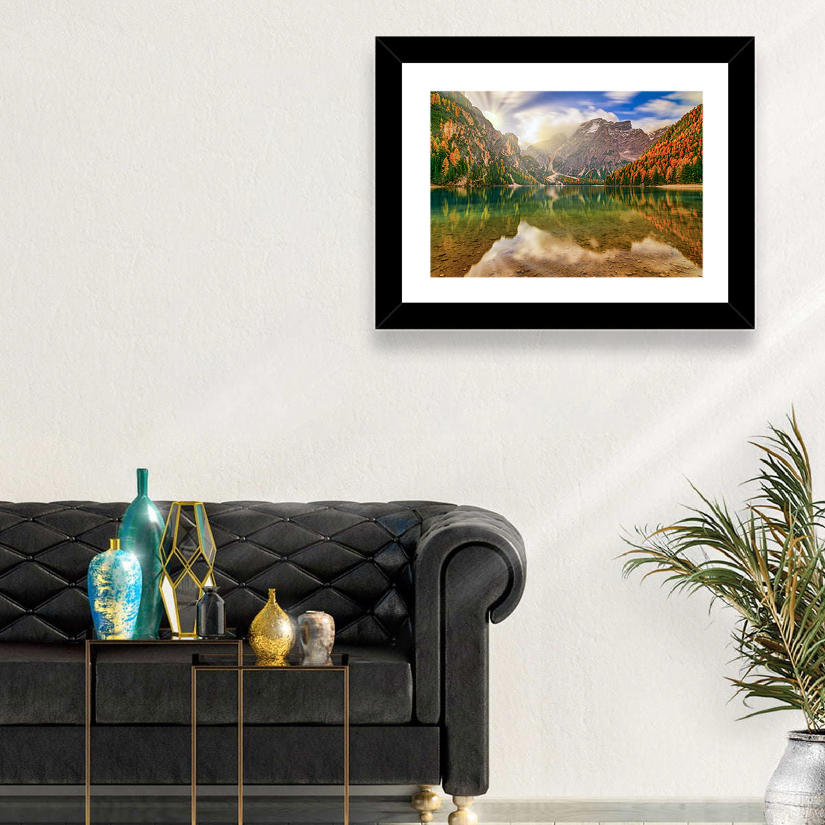 Lago Di Braies Sunrise Wall Art in a room, landscape