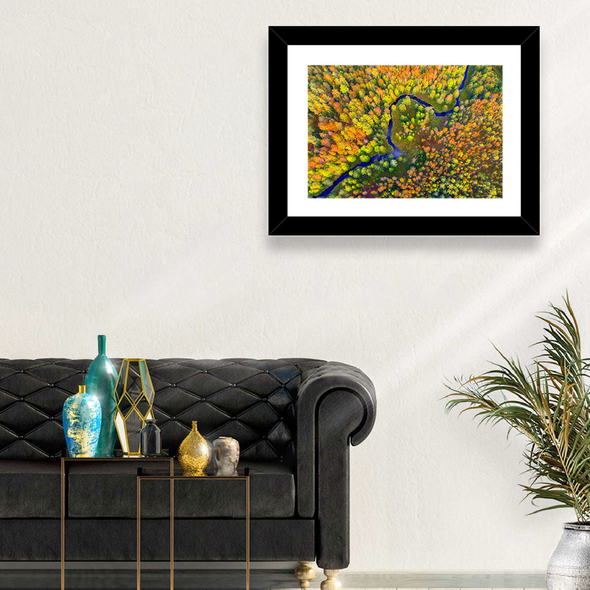 Winding Autumn River Wall Art in a room, landscape