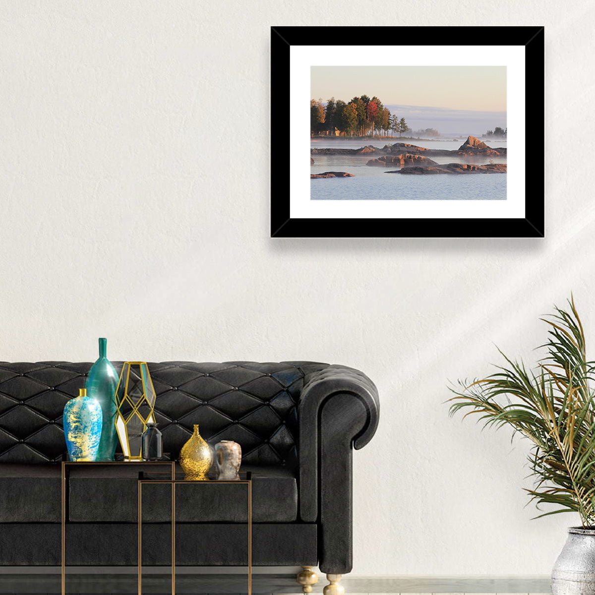 Lake Vanern Misty Shoreline Wall Art in a room, landscape