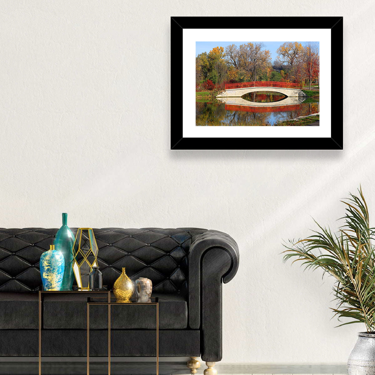 Tenney Park Stone Bridge Reflection Wall Art in a room, landscape