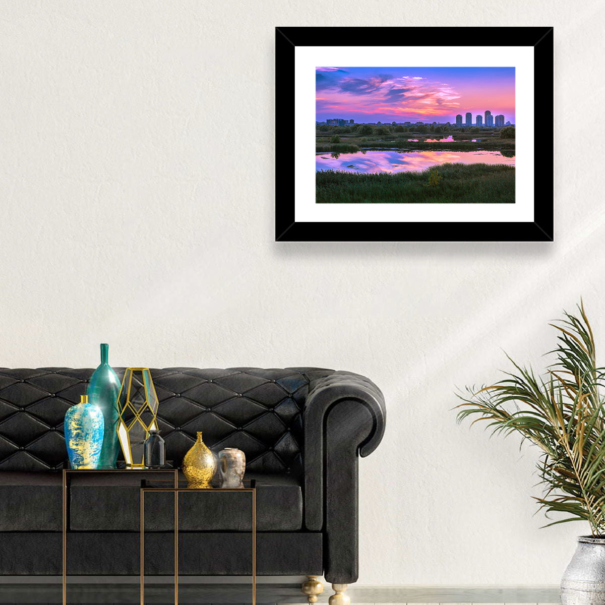 Vacaresti Park Sunset Reflection Wall Art in a room, landscape