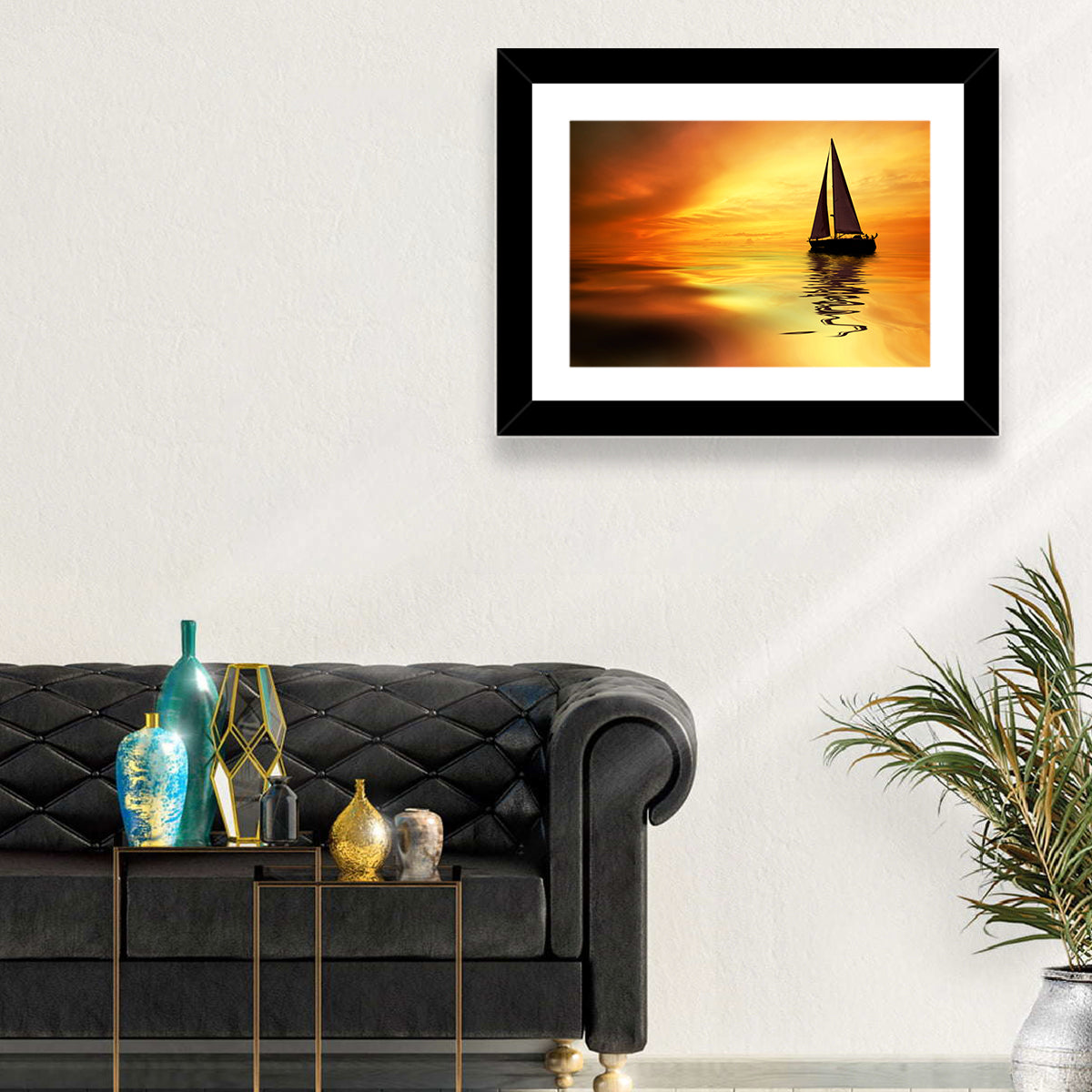 Golden Hour Sailboat Silhouette Wall Art in a room, landscape