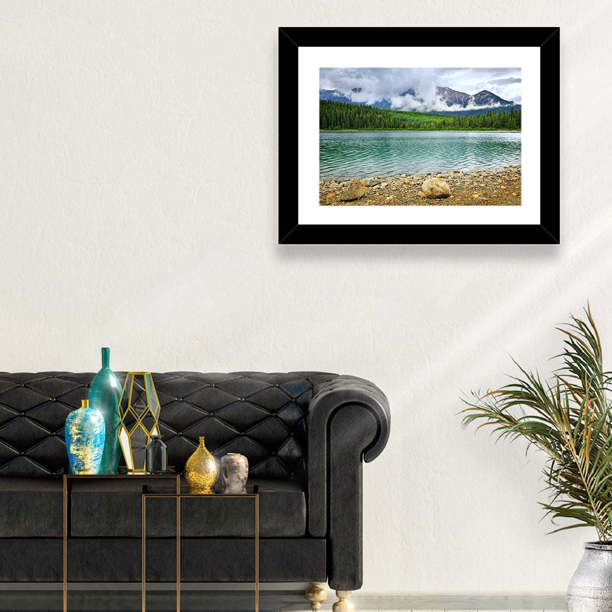 Patricia Lake Cloudy Peaks Wall Art in a room, landscape