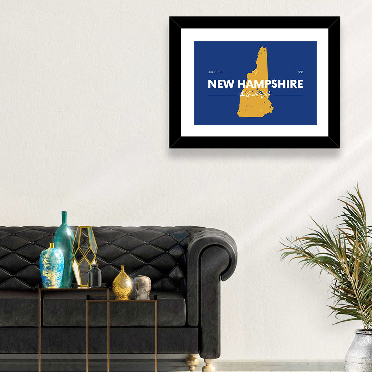 New Hampshire State Map, Blue and Gold Wall Art in a room, landscape