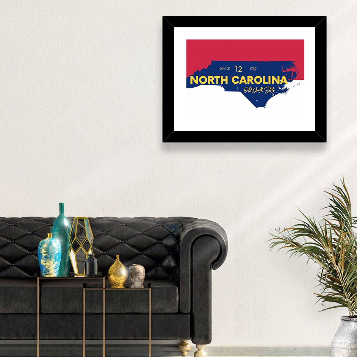 North Carolina Typographic Map Wall Art in a room, landscape