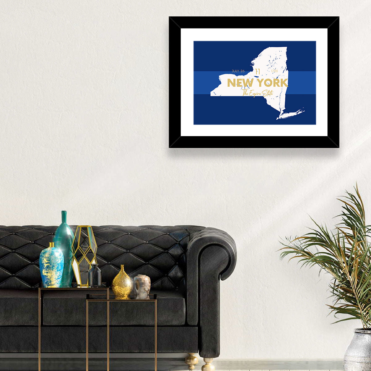 New York State Typographic Map Wall Art in a room, landscape