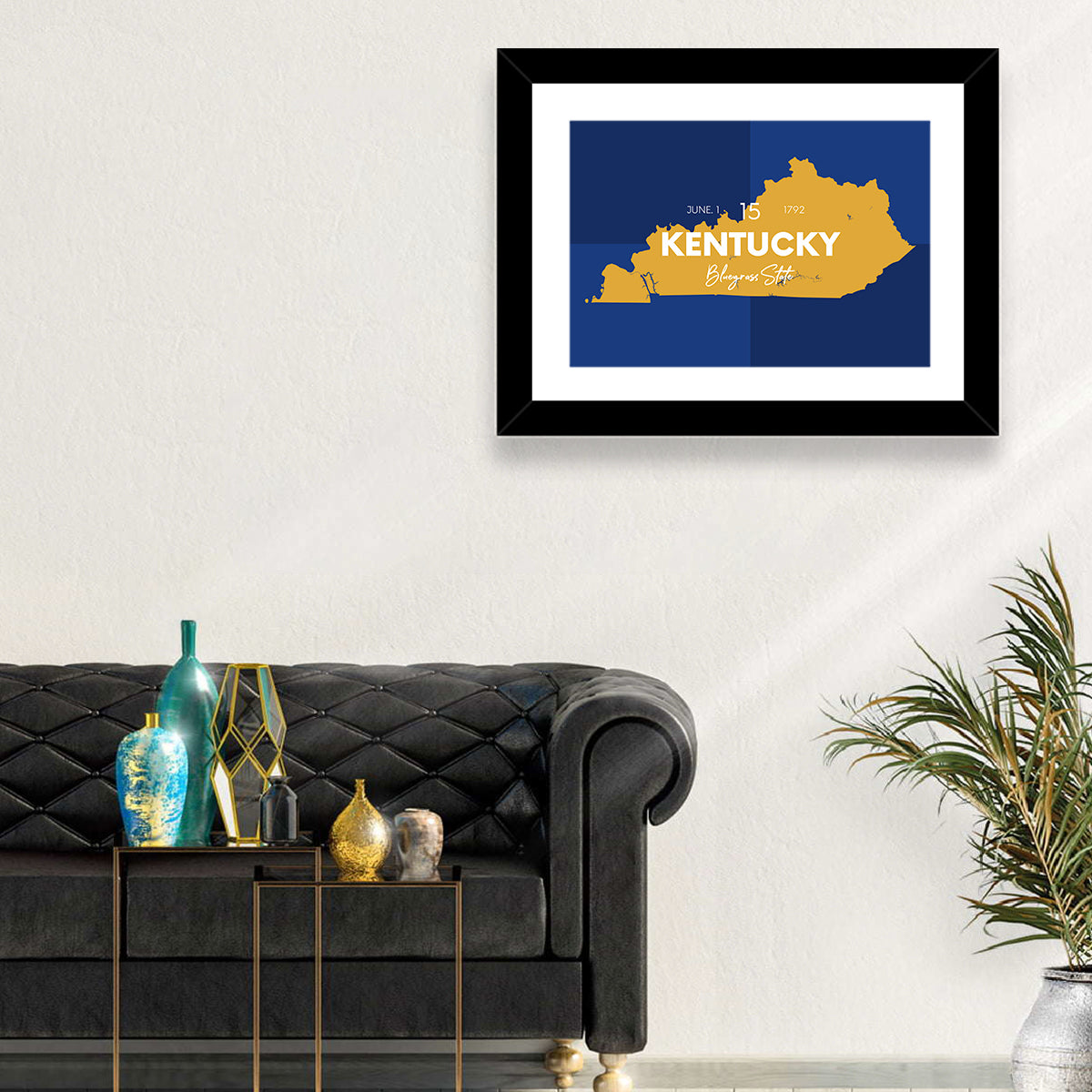 Blue and Gold Kentucky Map Wall Art in a room, landscape