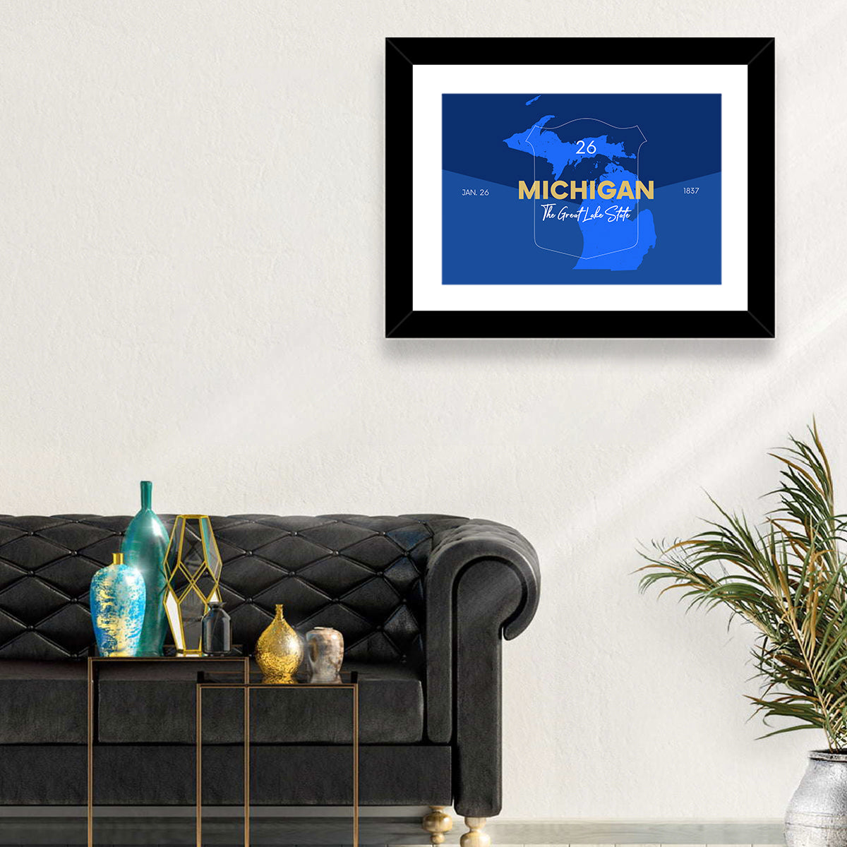 Michigan Shield Map Graphic Wall Art in a room, landscape