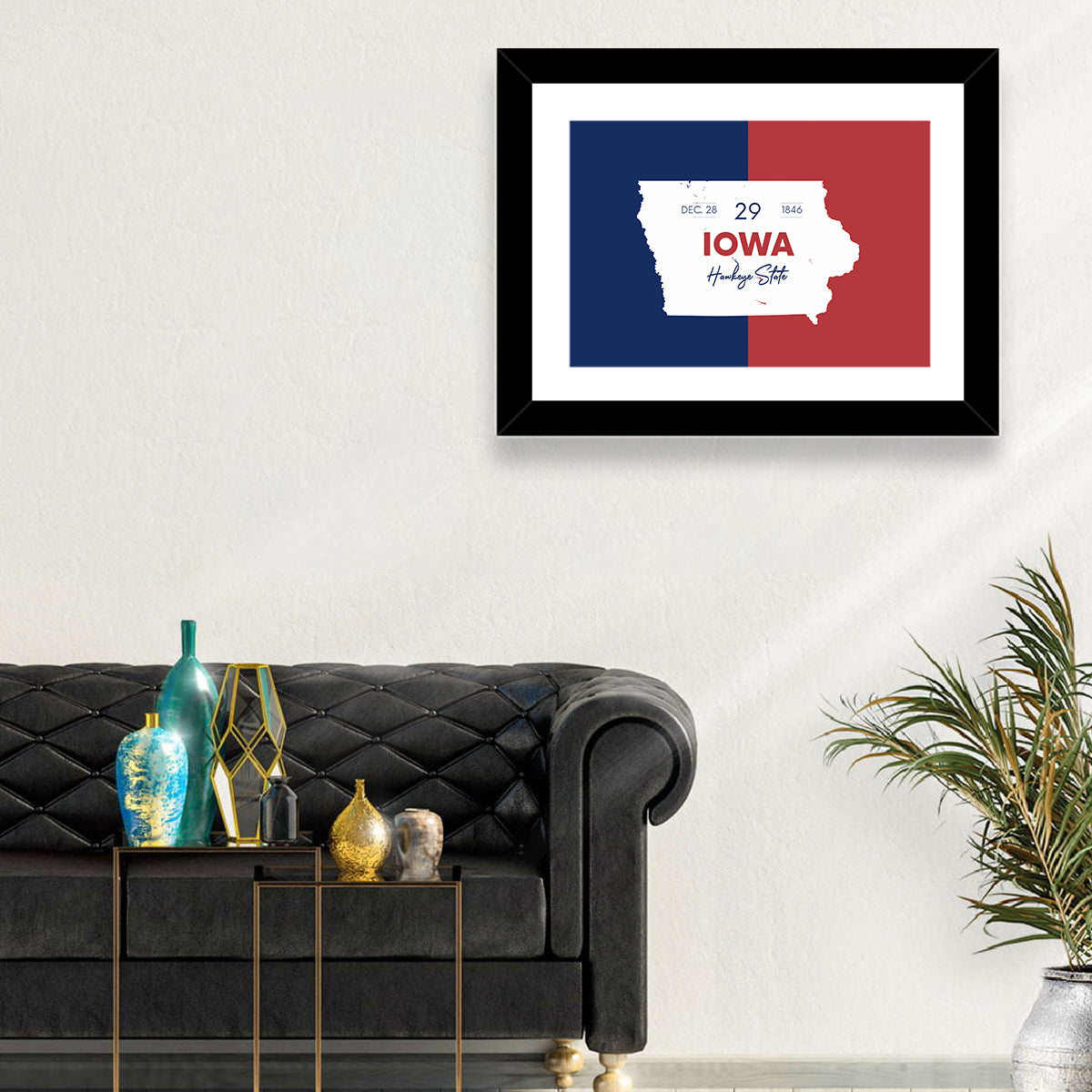 Hawkeye State Map Typography Wall Art in a room, landscape