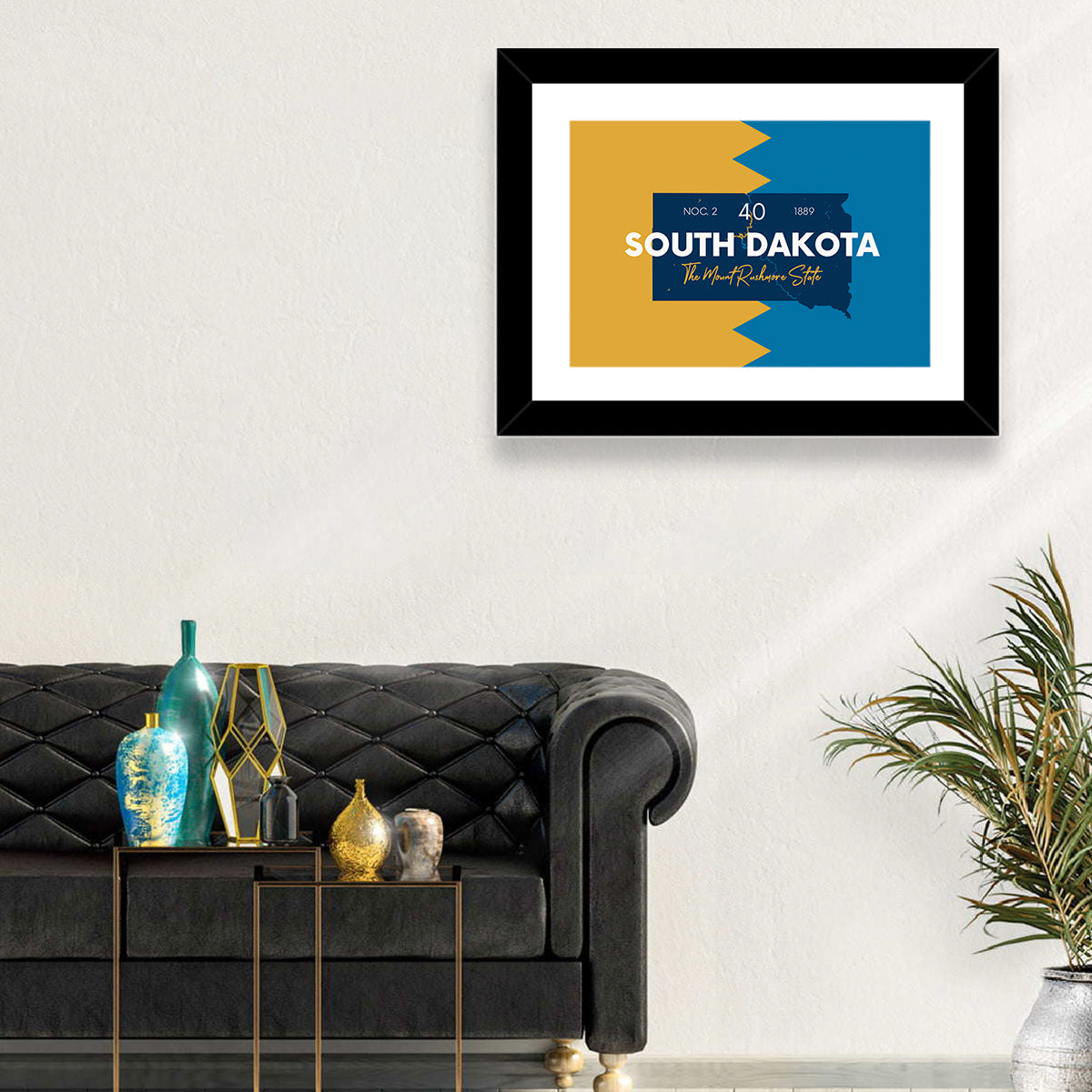 South Dakota Silhouette Map Wall Art in a room, landscape