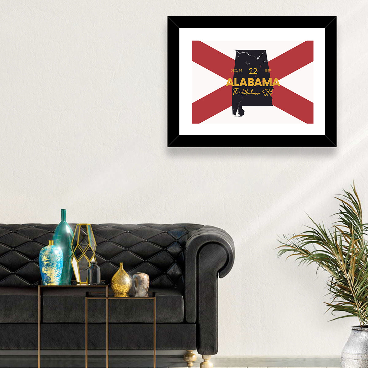 Alabama Map Over State Flag Wall Art in a room, landscape