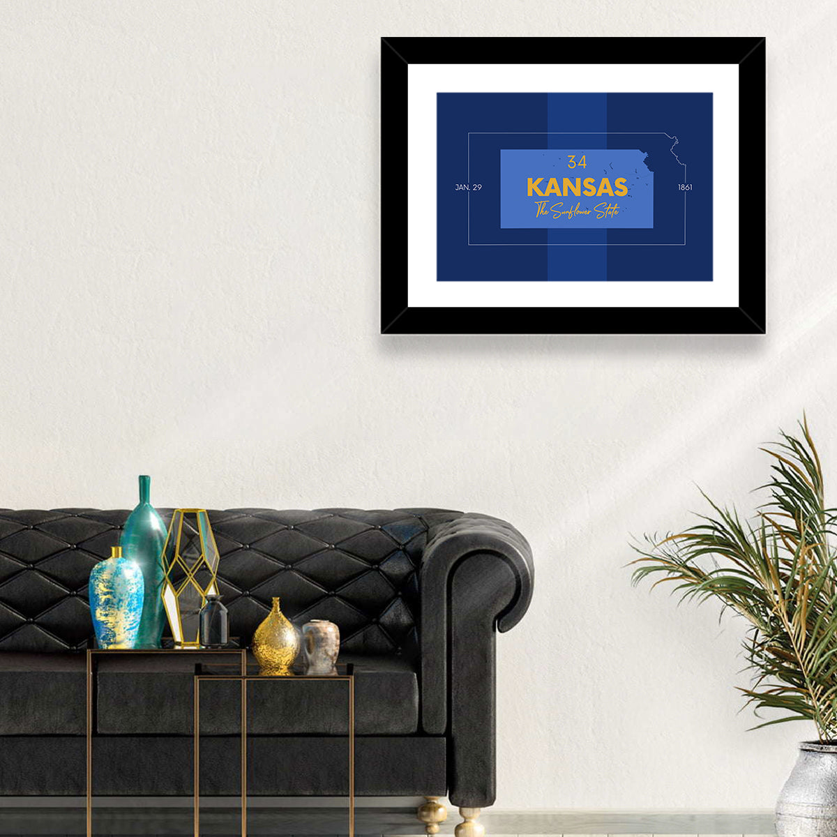 Kansas Typographic Map, Blue and Gold Wall Art in a room, landscape