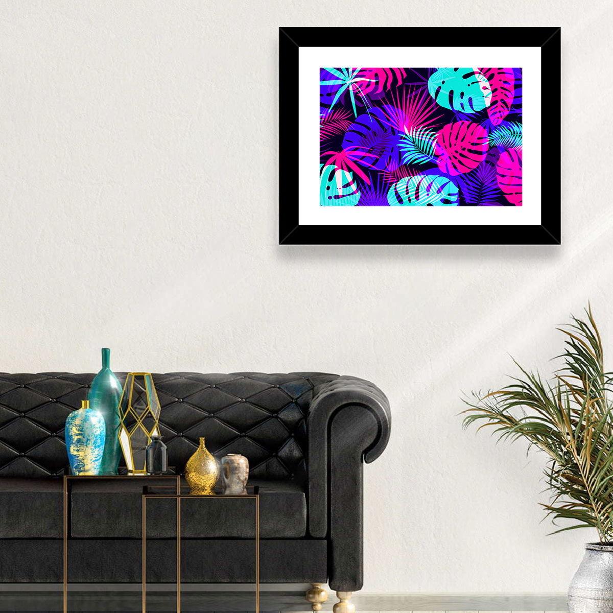 Neon Tropical Leaves Wall Art in a room, landscape
